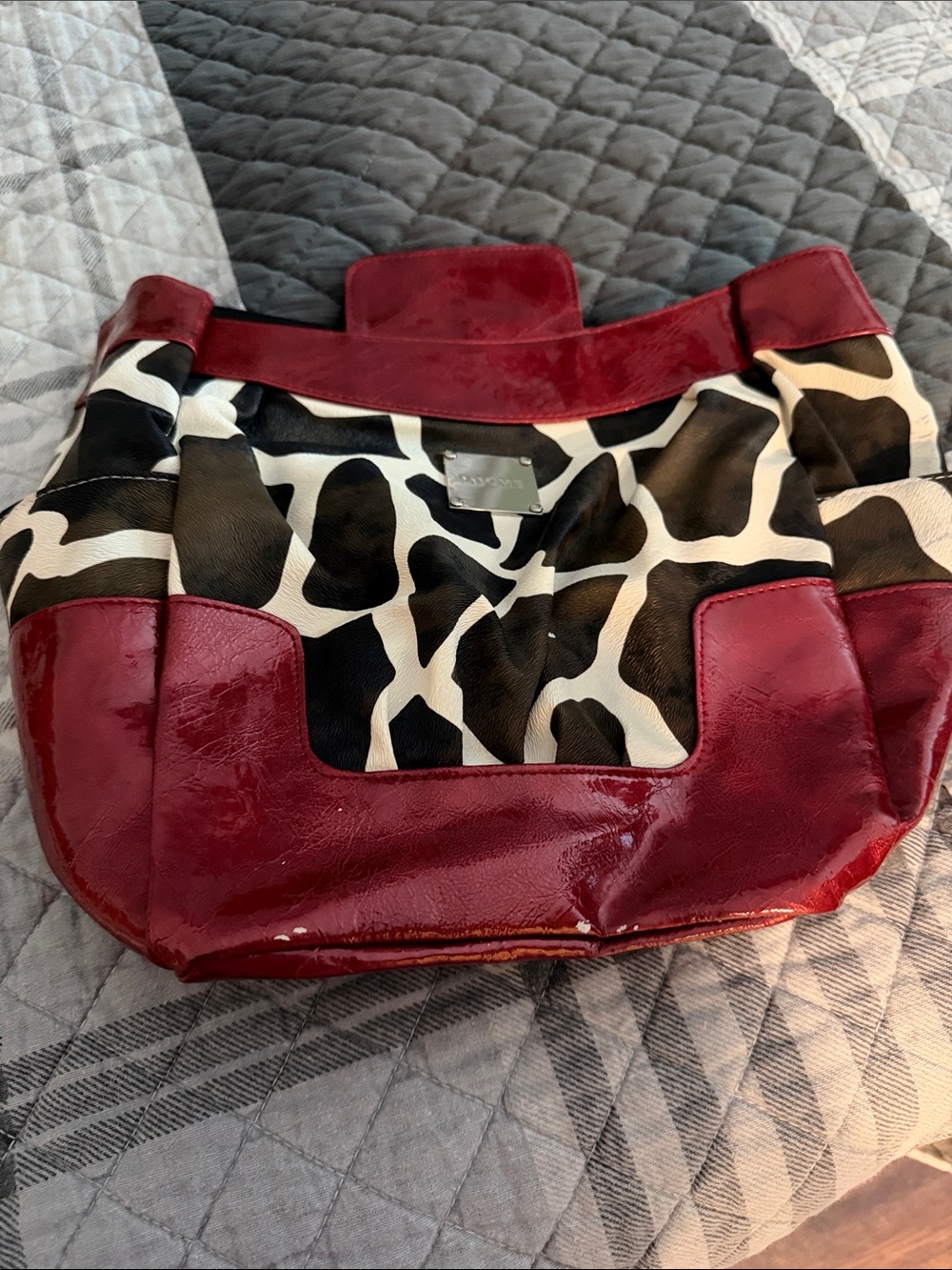 Miche Red Patent Leather & Black and White Animal Print Shoulder Bag
